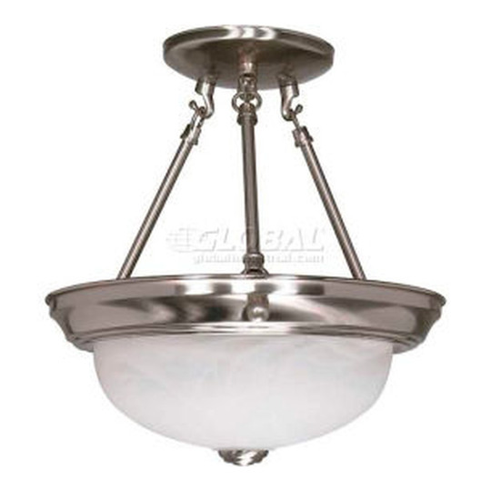 Two-light semi-flush ceiling fixture with alabaster glass shade and brushed nickel finish