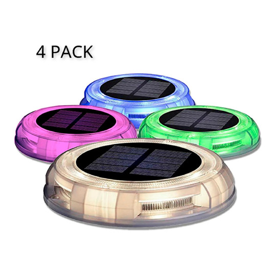 Four solar dusk-to-dawn LED garden lights with white, purple, blue, and green illumination