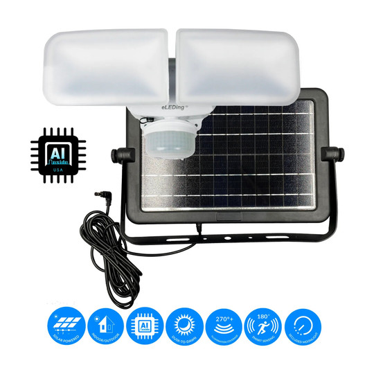 White dual-head solar motion-activated LED area light with dual solar panels