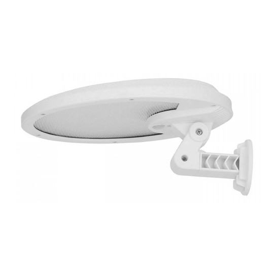 White solar LED flood light with motion sensing and dusk-to-dawn illumination
