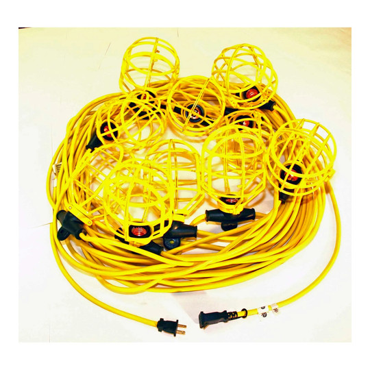 Yellow 100-foot 10-socket SJTW string light with plastic guards