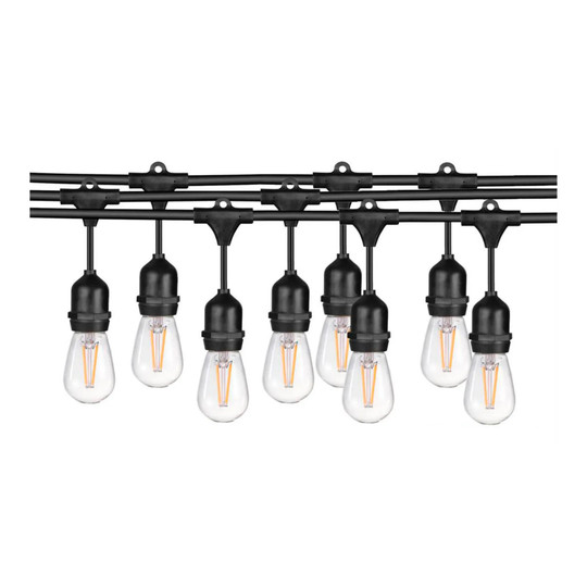 Black commercial LED string light with seven vintage-style Edison bulbs