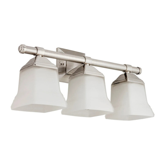 Three-light brushed nickel vanity fixture with frosted square bell glass shades
