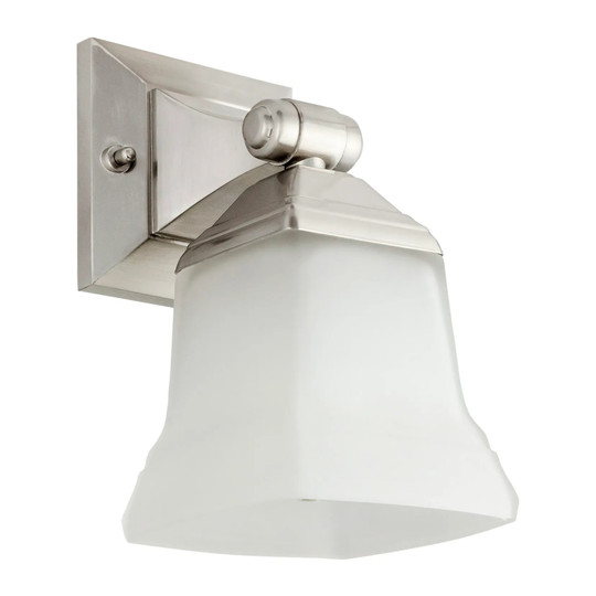 Square bell vanity light fixture with brushed nickel base and frosted glass shade