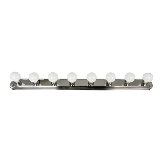 Chrome eight-light globe vanity fixture with exposed bulb sockets