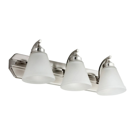 Three-light brushed nickel vanity fixture with frosted bell-shaped glass shades