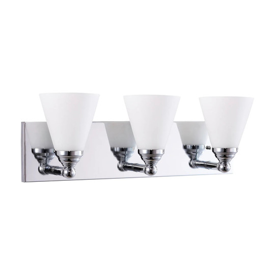 Three-light brushed nickel vanity wall fixture with frosted glass cone shades
