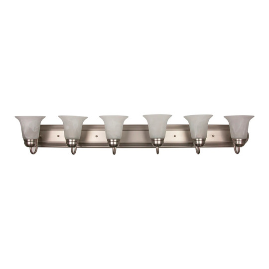 Six-light brushed nickel vanity light fixture with alabaster-style glass shades