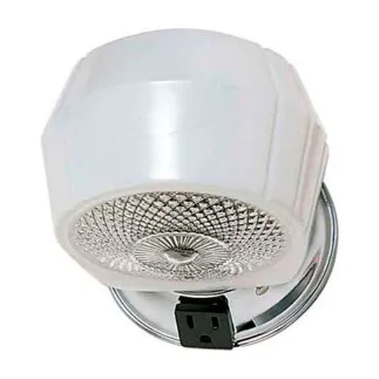 Chrome one-light vanity fixture with white glass shade and convenience outlet