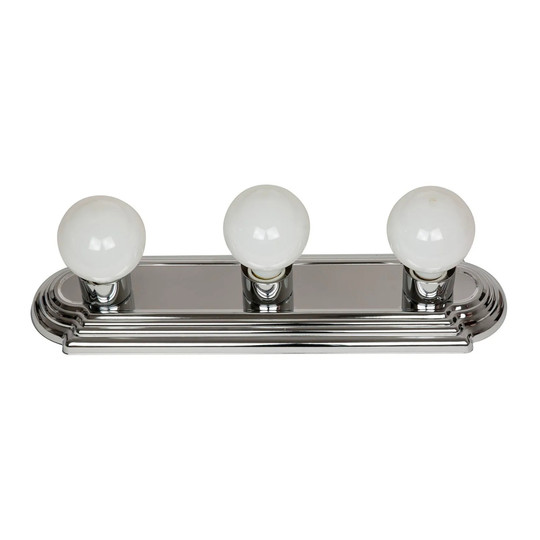 Chrome wall-mounted globe vanity light fixture with three exposed bulb sockets