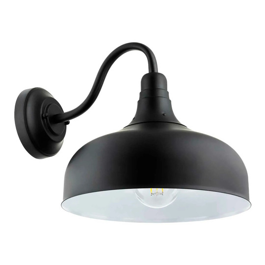 Black gooseneck wall mount light fixture with curved arm and shade