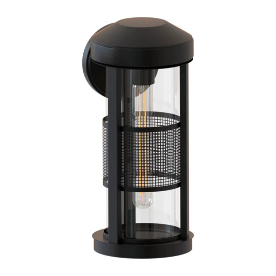 Black lantern-style wall sconce with glass cylinder shade and decorative screen detail
