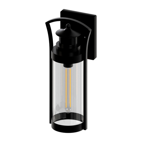 Black lantern-style outdoor wall sconce with fluted glass shade and motion sensor