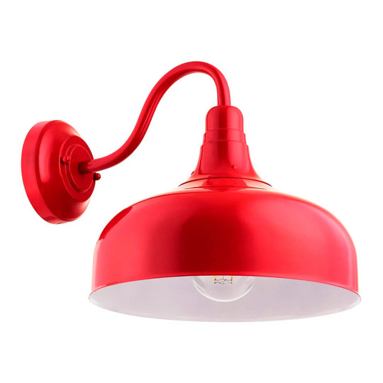 Red gooseneck wall-mount light fixture with a barn-style shade