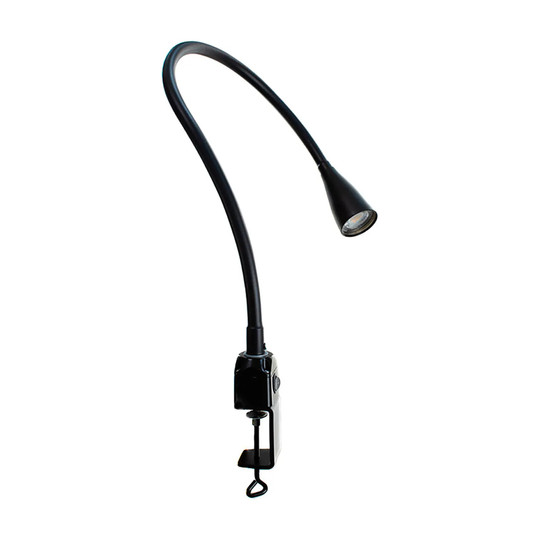 Black LED task lamp with flexible gooseneck arm and C-clamp base