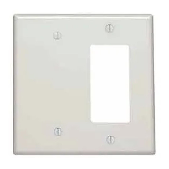 White 2-gang combination wall plate with one blank section and one Decora/GFCI device opening