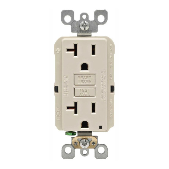 Light almond 20A self-test GFCI duplex receptacle with indicator light