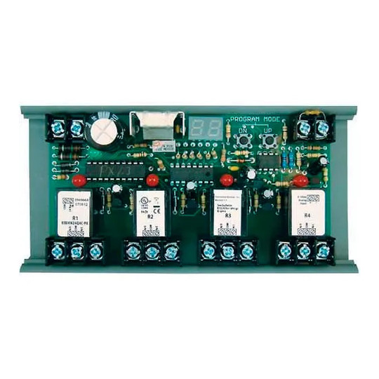 Four-output track-mount staging relay module with digital display