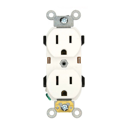 White narrow-body duplex receptacle with wired steel strap