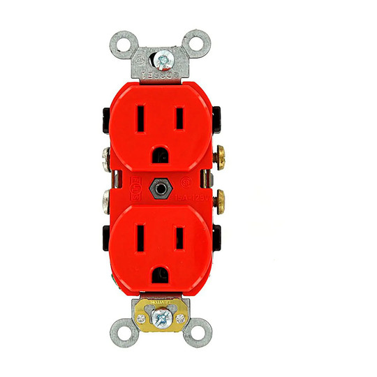 Red 15A 125V NEMA 5-15R duplex receptacle with steel strap