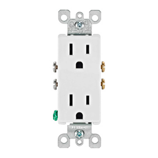 White Decora-style duplex grounding receptacle with two outlet openings
