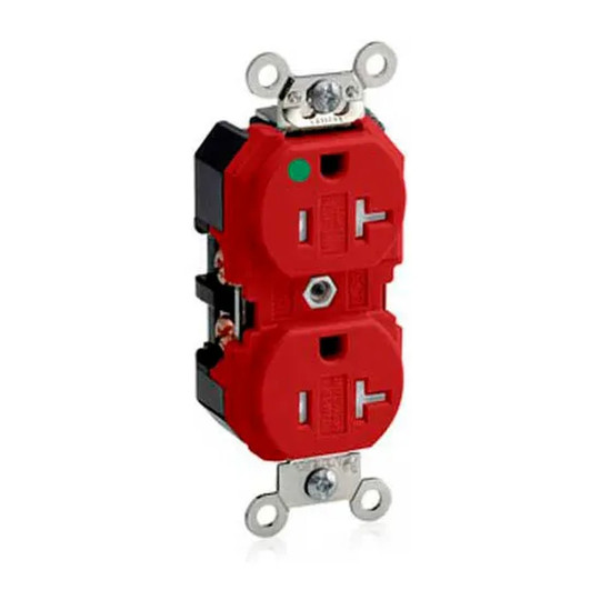 Red hospital-grade wide-body duplex receptacle with two outlet openings