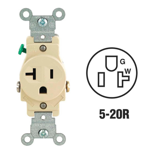 Ivory 20 amp 125 volt NEMA 5-20R grounding single receptacle