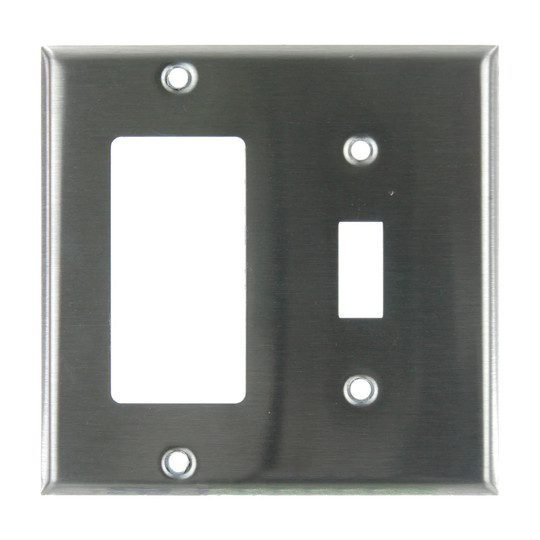 Gray 2-gang steel wall plate with rocker and toggle switch openings