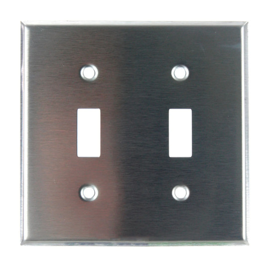 Gray steel two-gang toggle switch plate with a smooth surface and rounded edges