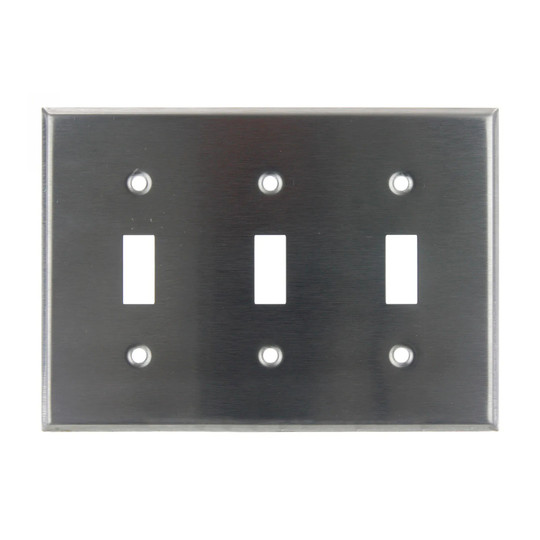 Gray three-gang steel toggle switch plate