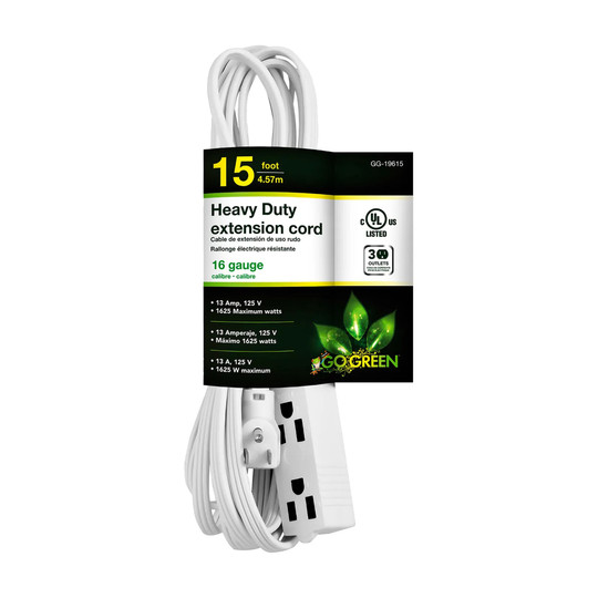 White 15 ft. three-outlet extension cord with right-angle plug