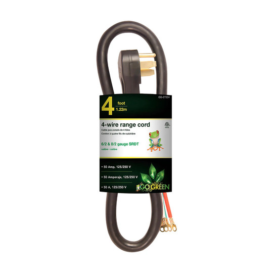 Black 4-foot four-wire range cord with a molded right-angle plug