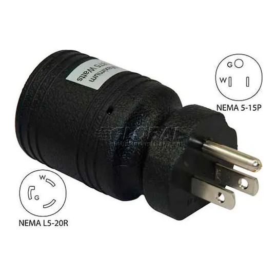 Black 15A to 20A locking power adapter with NEMA 5-15P plug and L5-20R receptacle