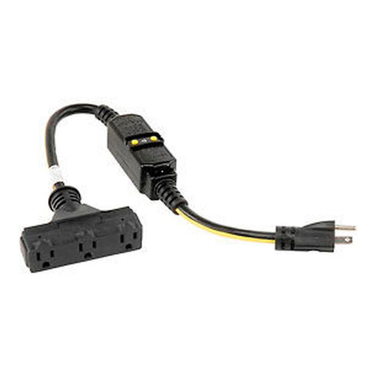 Yellow 15A in-line GFCI extension cord with triple-outlet block