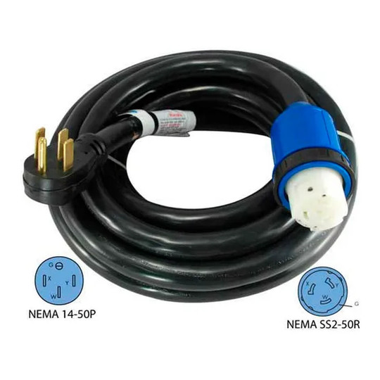 Black 15-foot 50A RV detachable power cord with NEMA 14-50P plug and locking SS2-50R connector