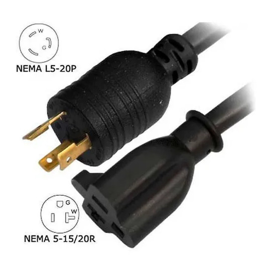 Black 8-foot 20-amp locking extension cord with NEMA L5-20P plug and NEMA 5-15/20R connector