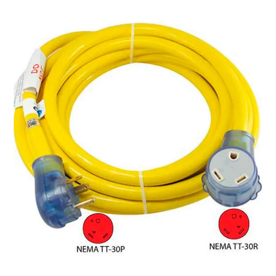 Yellow 25-foot 30-amp RV extension cord with clear PVC ends and NEMA TT-30P/R connections