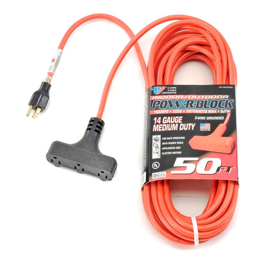 Orange 50-foot 14/3 SJTW-A extension cord with three-outlet female block