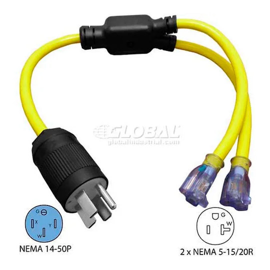 Yellow 3-foot generator Y adapter with NEMA 14-50P plug and two 5-20R receptacles