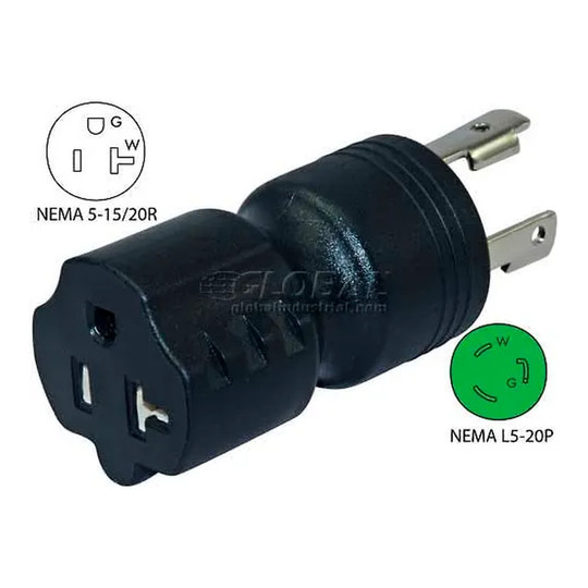 Black 20A generator locking plug adapter with NEMA L5-20P plug and 5-15/20R receptacle