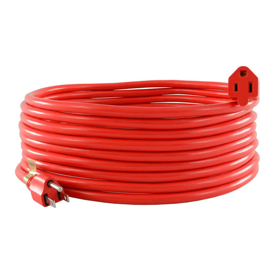 Red 100-foot SJTW 14/3 outdoor extension cord with NEMA 5-15 plug and receptacle