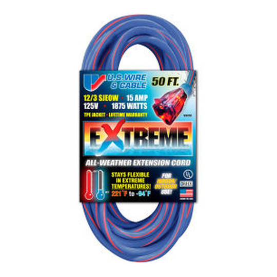 Blue 50 ft. three-conductor extension cord with a red stripe