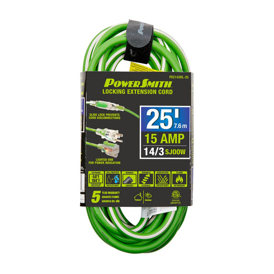Green 25-foot lighted locking 14/3 SJOOW extension cord