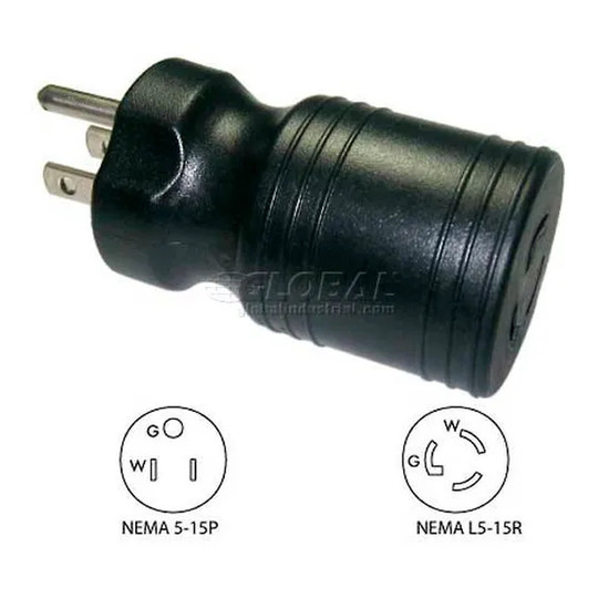 Black 15-amp adapter with 3-prong male plug and locking female connector