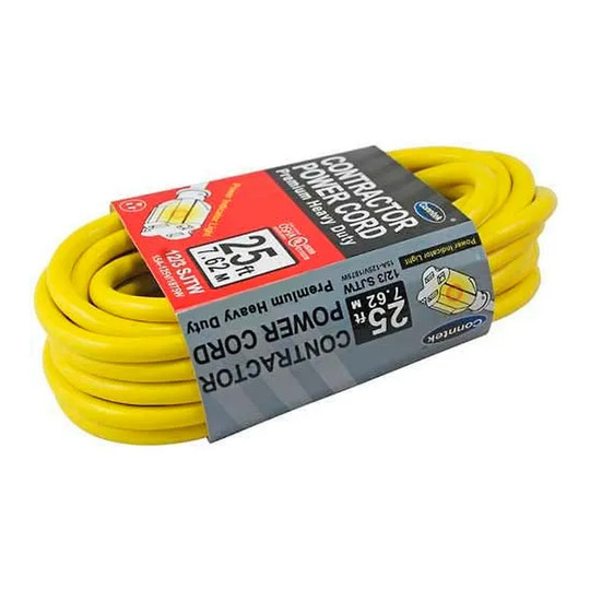 Yellow 100-foot 12/3 SJTW outdoor extension cord with a lighted NEMA 5-15 receptacle