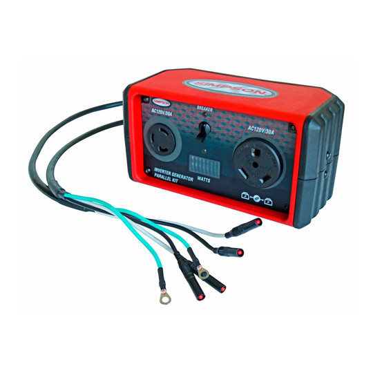 Black and red digital parallel box for connecting two inverter generators