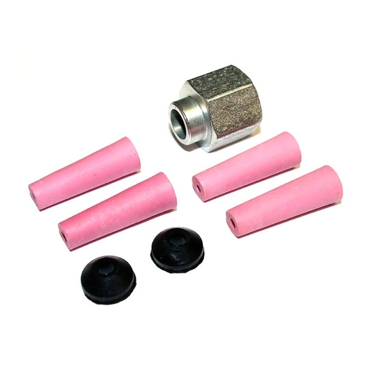 Nozzle kit with assorted nozzles, gaskets, and a nozzle nut for an import deadman handle
