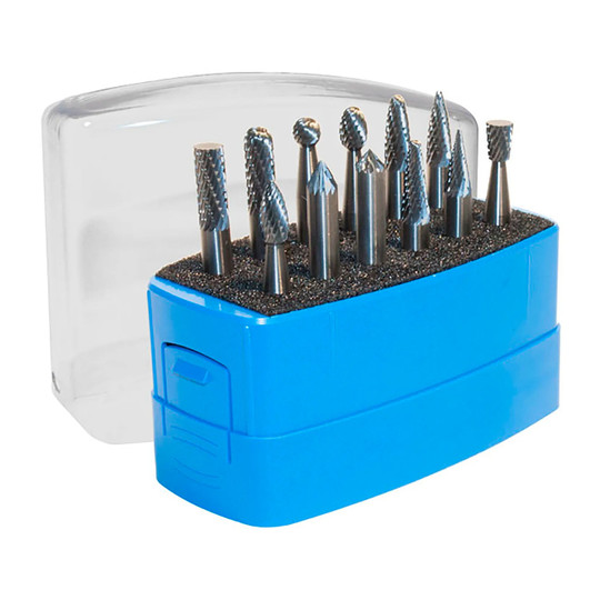 Diamond-cut carbide burr set in a plastic case with black foam insert
