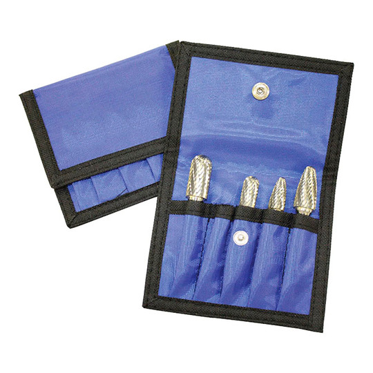 Four-piece Aluma-Cut carbide bur set in a wallet pouch