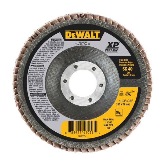 Type 29 ceramic 40-grit flap disc with 4-1/2-inch diameter and 7/8-inch arbor opening